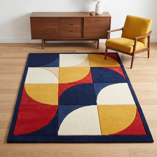Geometric wool rug in navy, red, mustard and ivory with interlocking quarter-circle blocks and a navy border; Handmade Retro Rug.