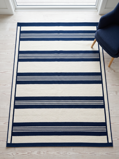 Flatweave rug, Southwestern Flatweave Wool Rug in ivory and navy with bold bands, fine pinstripes, and a slim border.
