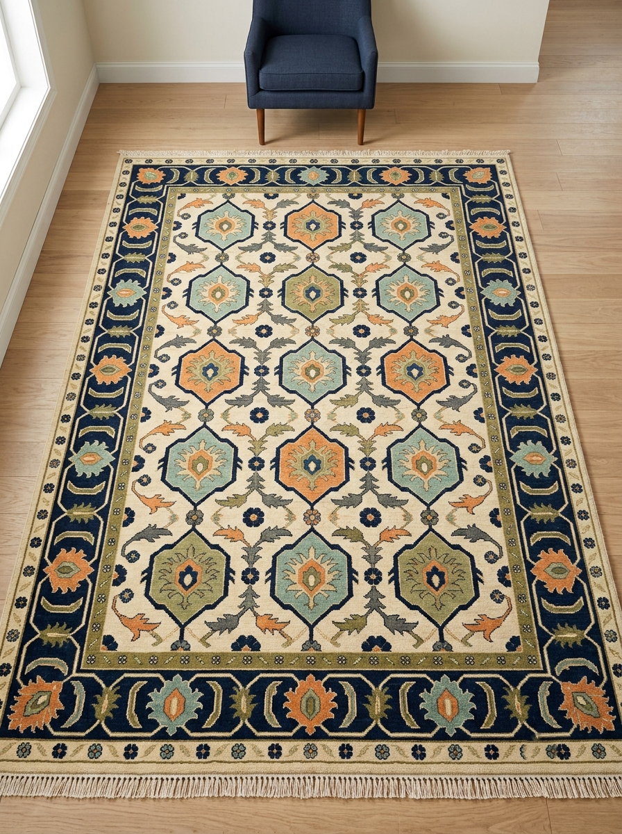 Ivory Navy Hexagon Medallion Hand Knotted Wool Rug, Aqua Orange Olive Geometric