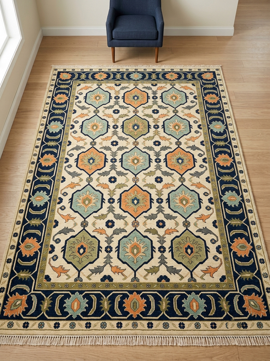 Ivory Navy Hexagon Medallion Hand Knotted Wool Rug, Aqua Orange Olive Geometric