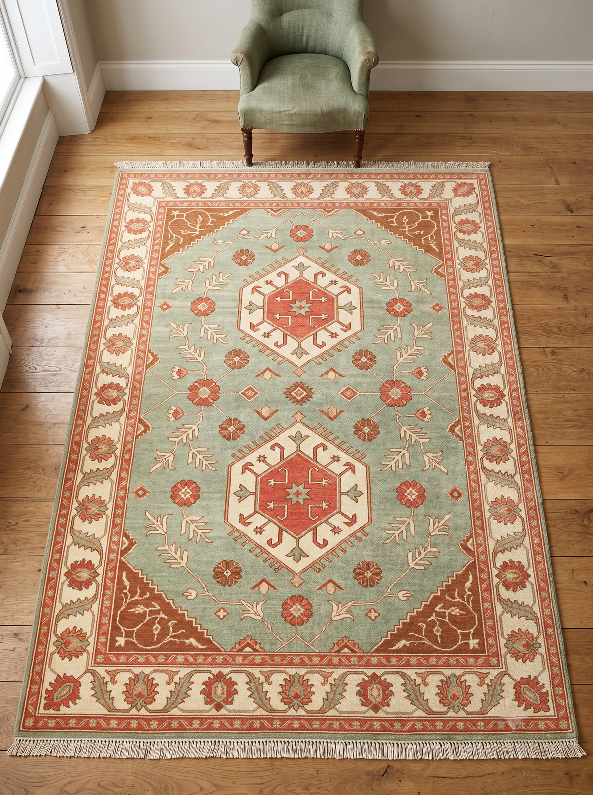Sage Green Double Medallion Hand Knotted Wool Rug, Kazak Style Coral Ivory Border