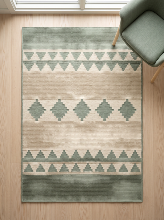 Southwestern Flatweave Wool Rug in sage green and cream, with ribbed texture and stepped triangle and diamond bands.