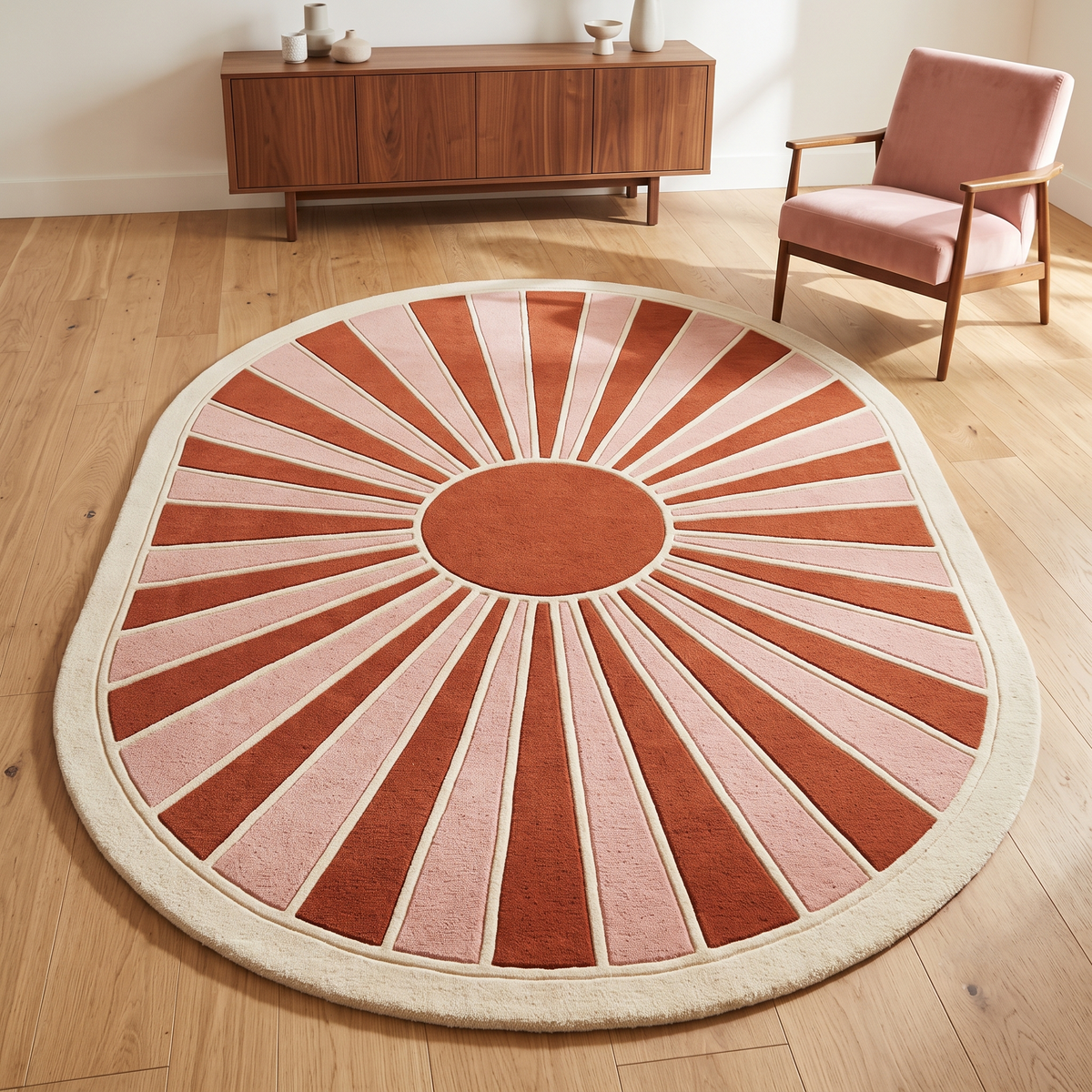 Handmade Retro Rug in oval wool, with terracotta and blush pink sunburst rays, ivory outlines and a wide border.