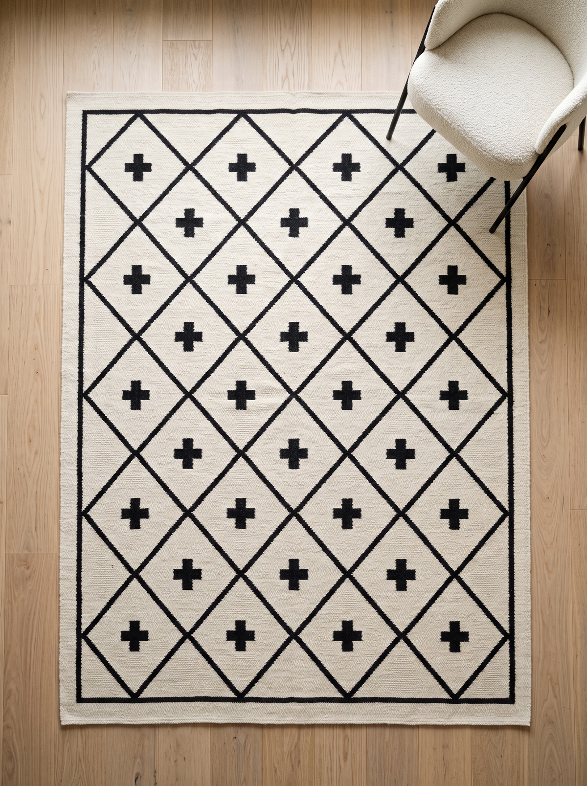 Southwestern Flatweave Wool Rug in ivory wool with a black diamond lattice, Swiss cross motifs and slim border
