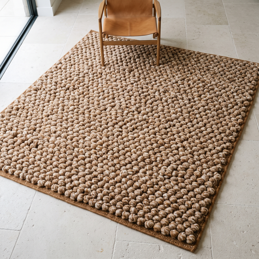 Chunky Wool Rug, Handwoven Pebble Texture Area Rug, Camel Beige Heathered Carpet, Modern Organic Minimalist Decor, Thick Cozy Living Room Floor Rug