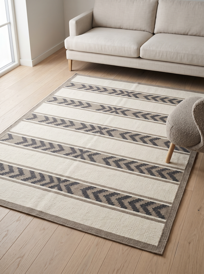 Southwestern Flatweave Wool Rug in ivory with taupe stripes, charcoal chevron bands, and a simple taupe border.