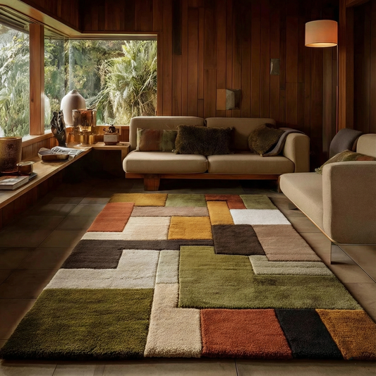 Handmade retro geometric shag wool rug in earthy tones for mid century modern decor