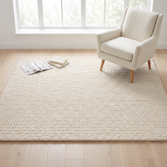 Chunky Wool Rug in ivory cream with a thick, tightly braided woven texture and neat rows of loops.