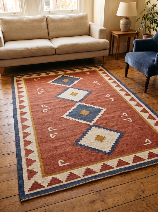 Southwestern Flatweave Wool Rug in rust red with ivory and navy stepped diamonds, mustard accents, and a geometric border.