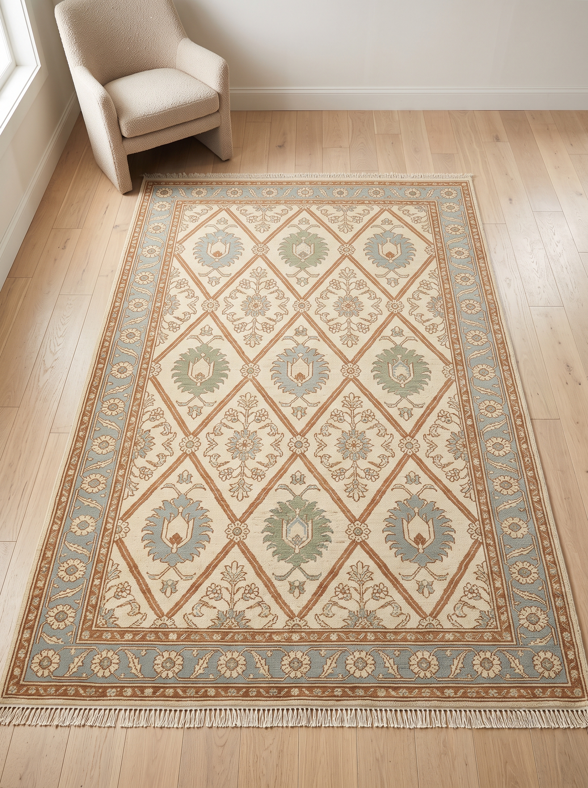 Ivory Garden Lattice Hand Knotted Wool Rug, Floral Powder Blue Border