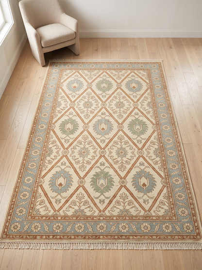 Ivory Garden Lattice Hand Knotted Wool Rug, Floral Powder Blue Border