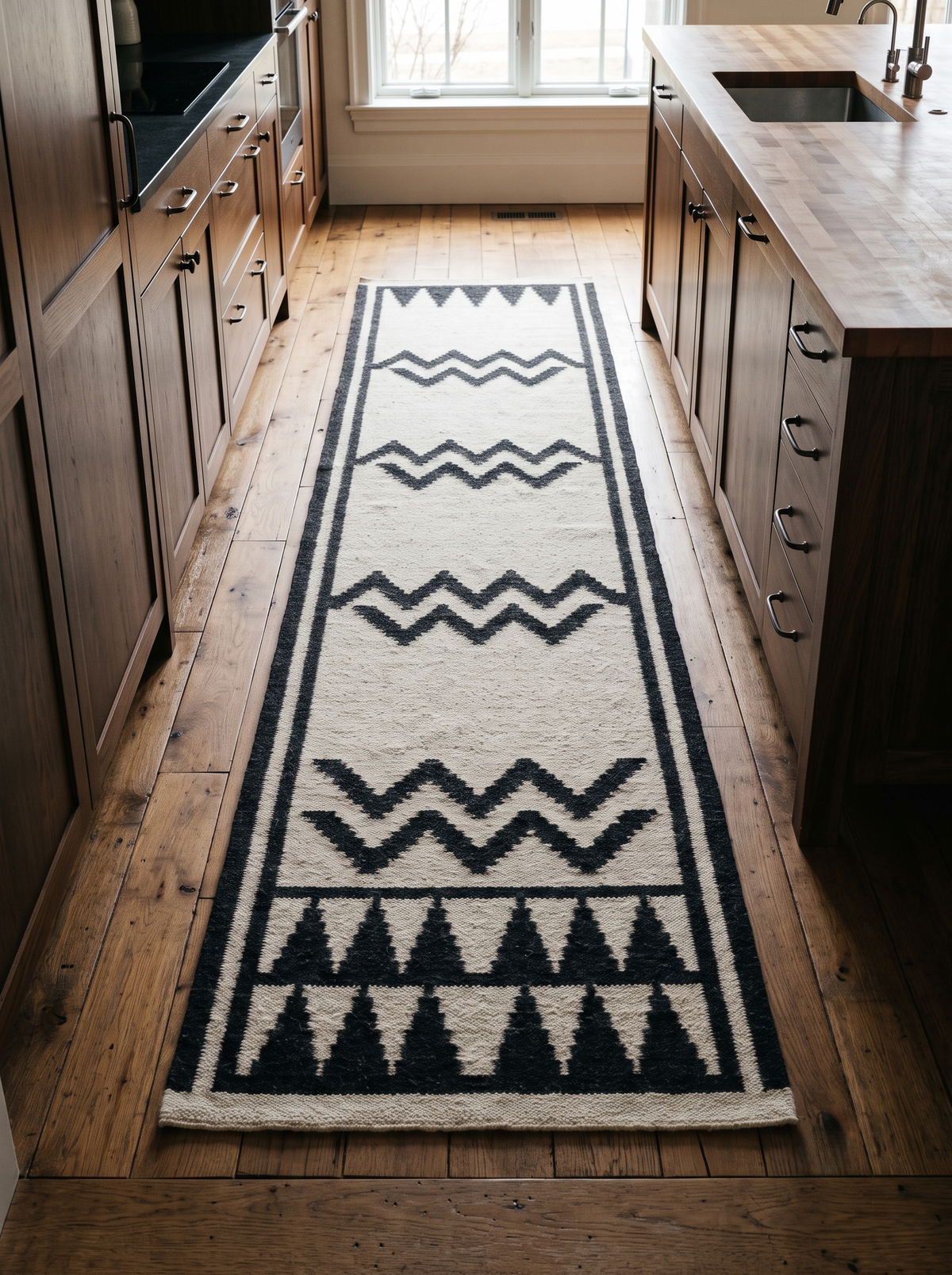 Runner rug in ivory wool with black zigzag bands, geometric triangle motifs and a bold border; Hand Knotted Oushak Runner Rug
