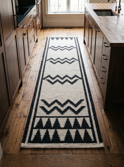 Runner rug in ivory wool with black zigzag bands, geometric triangle motifs and a bold border; Hand Knotted Oushak Runner Rug