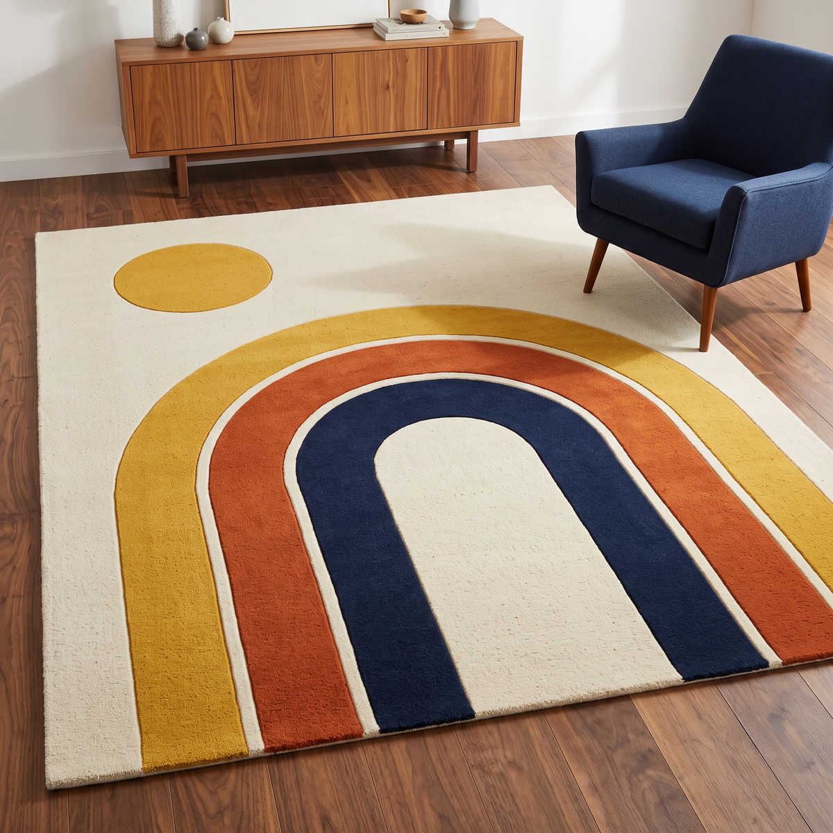 Handmade Retro Rug, an ivory tufted rug with mustard, rust and navy arch bands, ivory outlines and a mustard circle.
