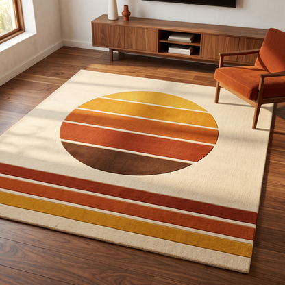 Handmade Retro Rug in ivory wool, featuring a mustard, orange and brown striped sunset circle with matching border stripes