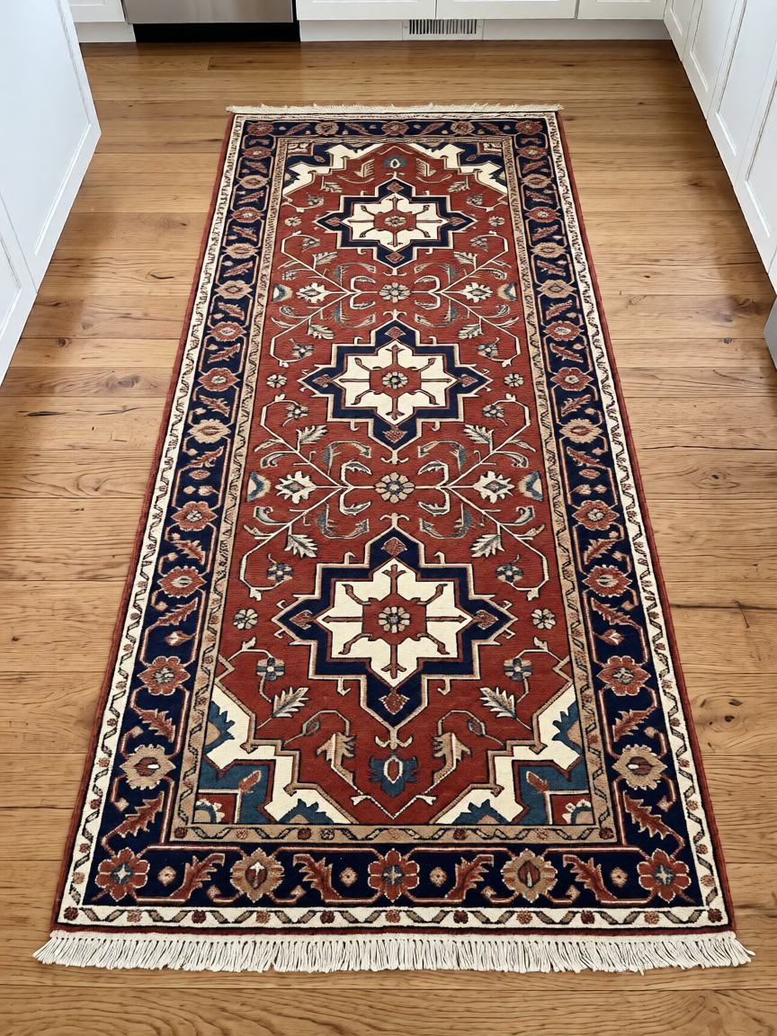 Runner rug, Hand Knotted Oushak Runner Rug in rust red wool with ivory and navy geometric medallions, floral vines and fringed ends.