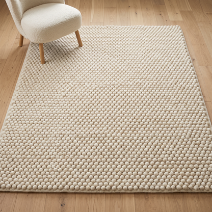 Chunky Wool Rug, Handwoven Felt Ball Pebble Area Rug, Ivory White Carpet, Modern Scandinavian Japandi Decor, Thick Cozy Living Room Floor Rug