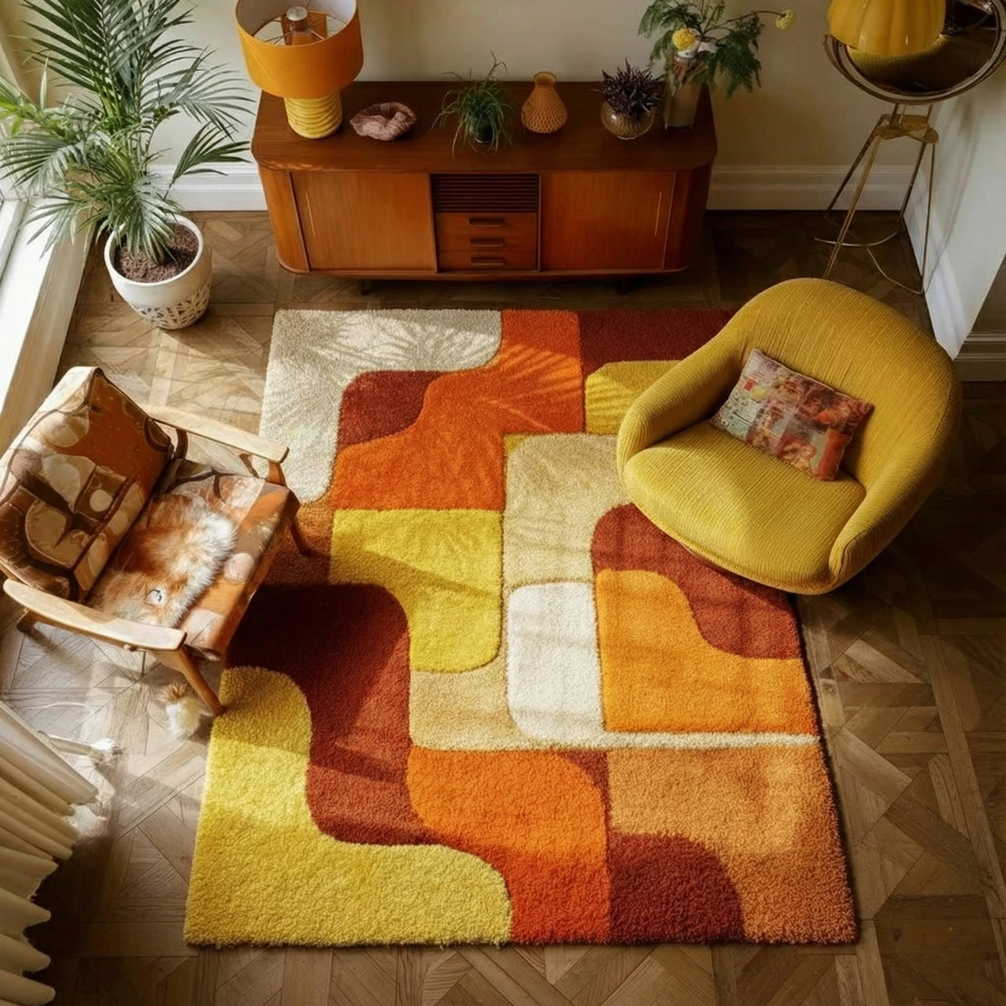 Handmade tufted rug with retro geometric design in warm sunset tones, made from durable wool yarns for cozy mid century vintage decor