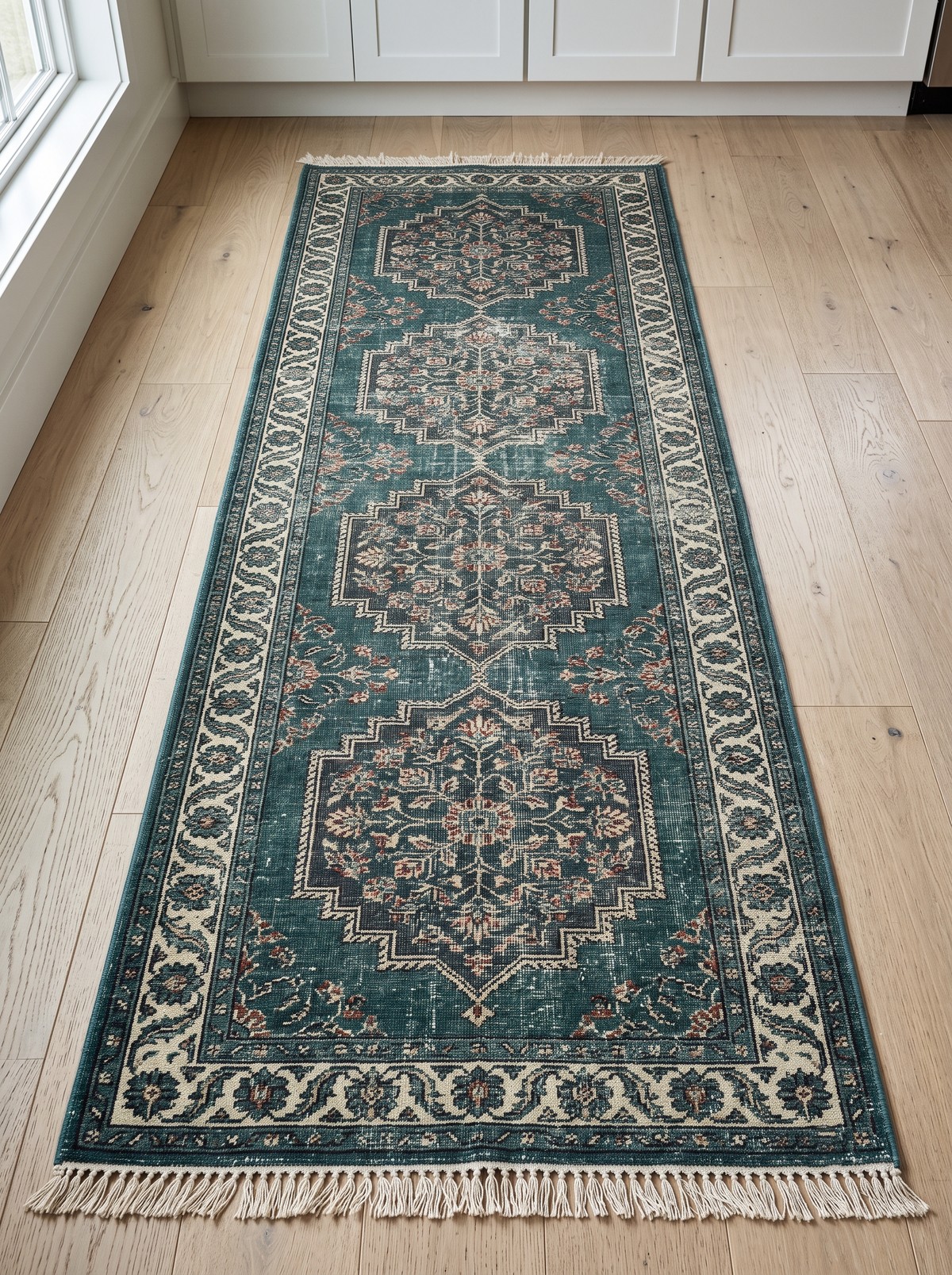 Hand Knotted Oushak Runner Rug in distressed teal wool, with four floral medallions, an ivory vine border and fringe.