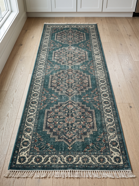 Hand Knotted Oushak Runner Rug in distressed teal wool, with four floral medallions, an ivory vine border and fringe.