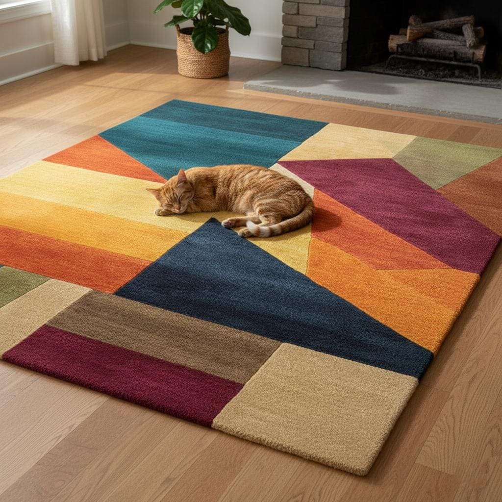 Colorful geometric area rug with triangle patchwork pattern in vibrant teal, navy, gold, orange, green, and burgundy tones