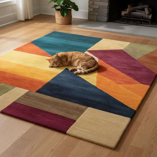 Colorful geometric area rug with triangle patchwork pattern in vibrant teal, navy, gold, orange, green, and burgundy tones