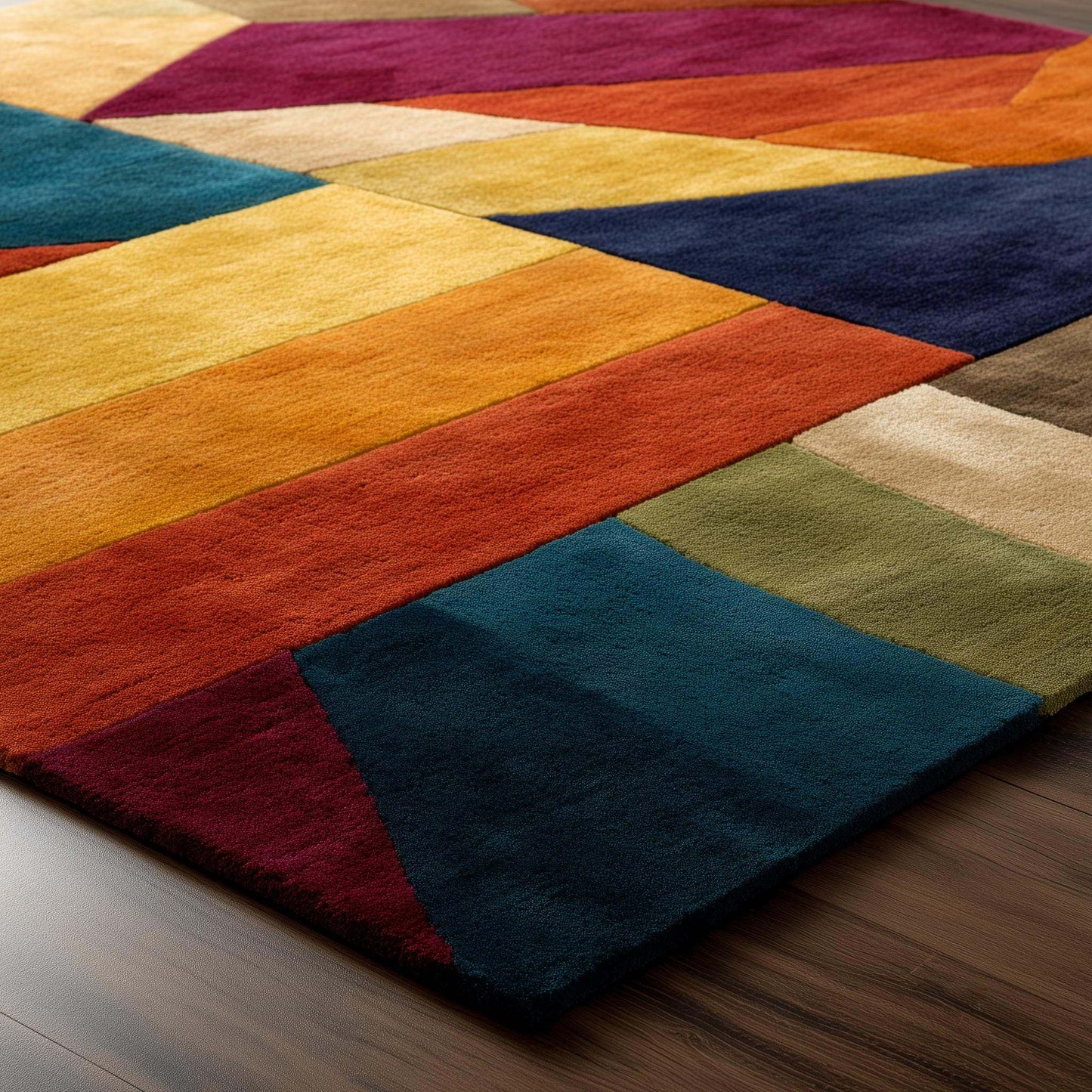 Colorful geometric area rug with triangle patchwork pattern in vibrant teal, navy, gold, and burgundy hues