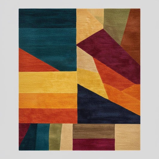 Colorful geometric area rug with bold triangle pattern and patchwork design in living room setting