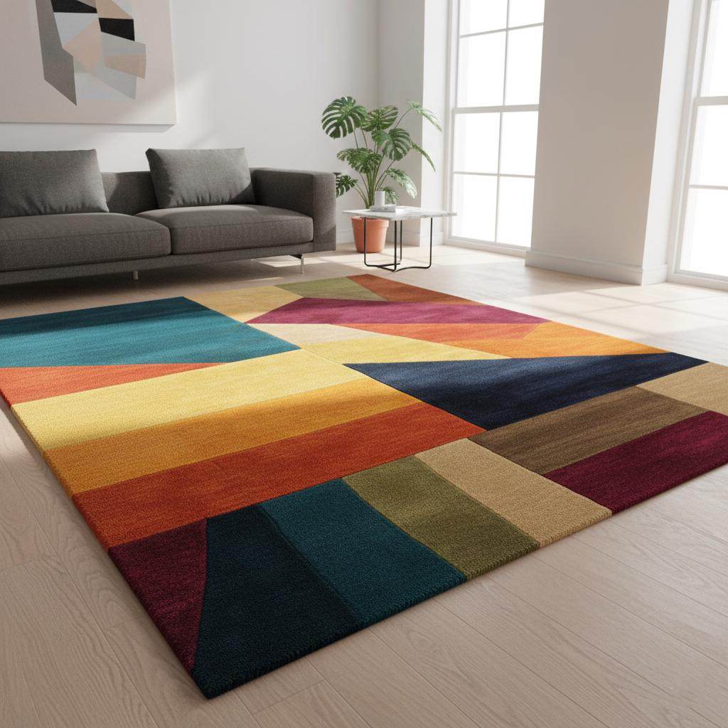 Colorful geometric area rug with triangle patchwork design and plush texture