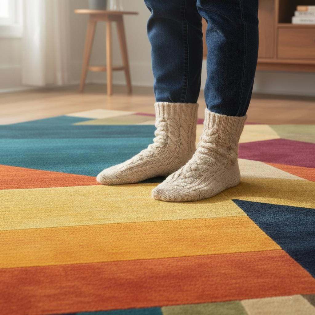 Colorful geometric area rug with triangle patchwork pattern in bold modern colors