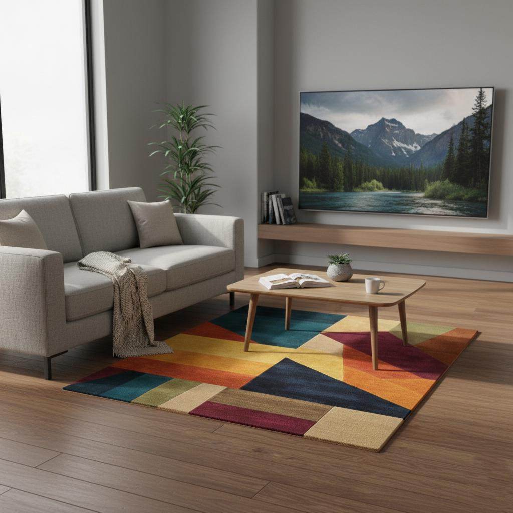 Colorful geometric area rug with triangle patchwork pattern for modern home decor