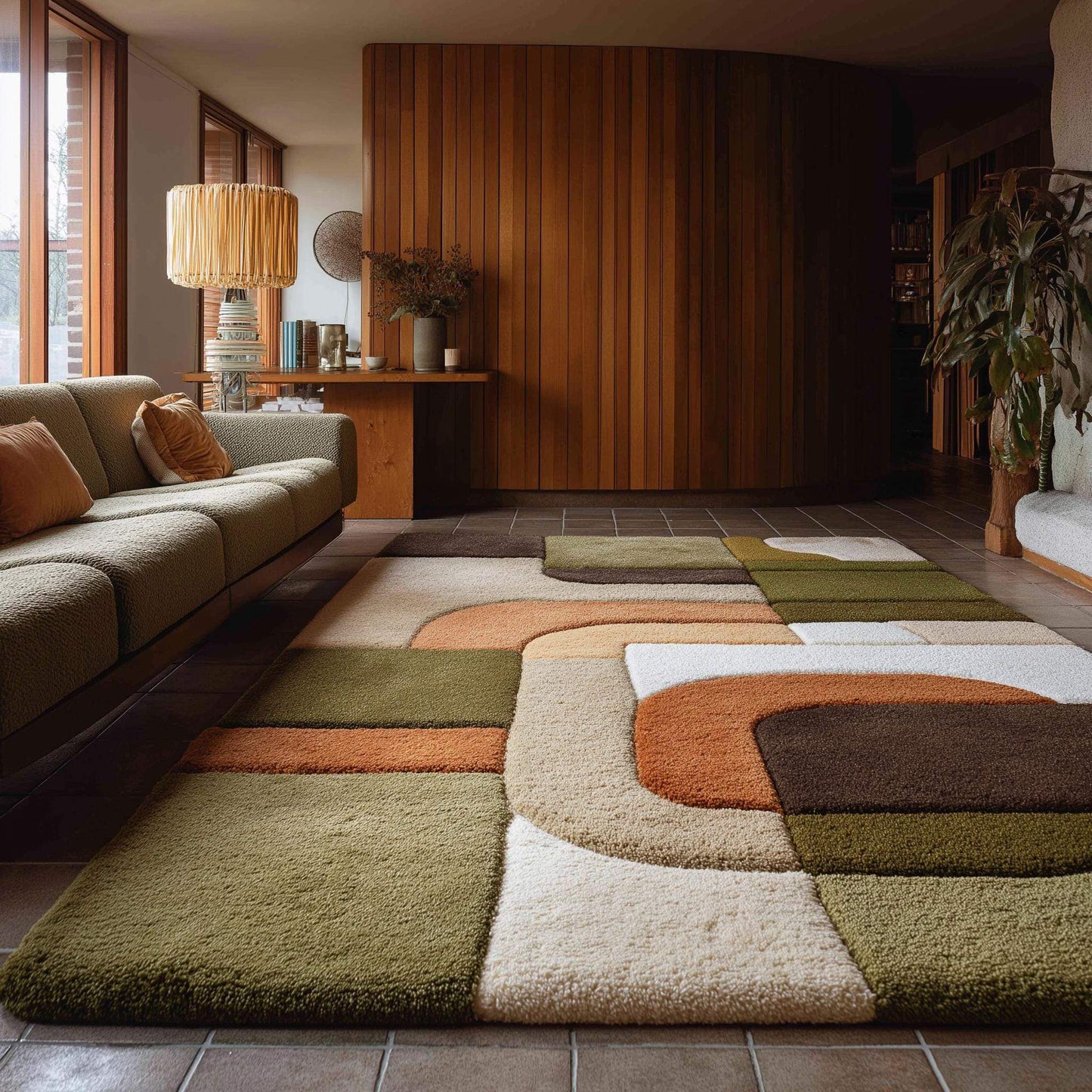 Mid century modern rug with olive green and rust orange geometric design, textured high pile, plush soft retro 70s style floor covering for boho and vintage decor