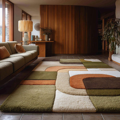 Mid century modern rug with olive green and rust orange geometric design, textured high pile, plush soft retro 70s style floor covering for boho and vintage decor