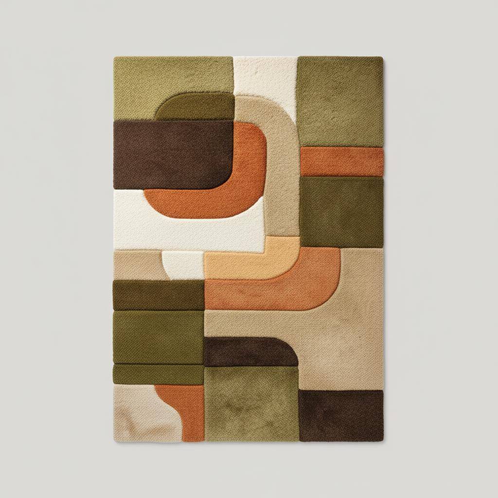Mid century modern rug with olive green and rust orange geometric design, textured high pile plush floor covering for boho retro decor