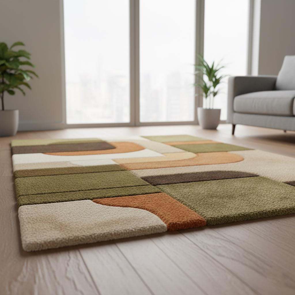 Mid century modern rug with olive green and rust orange geometric tufted texture for boho retro decor