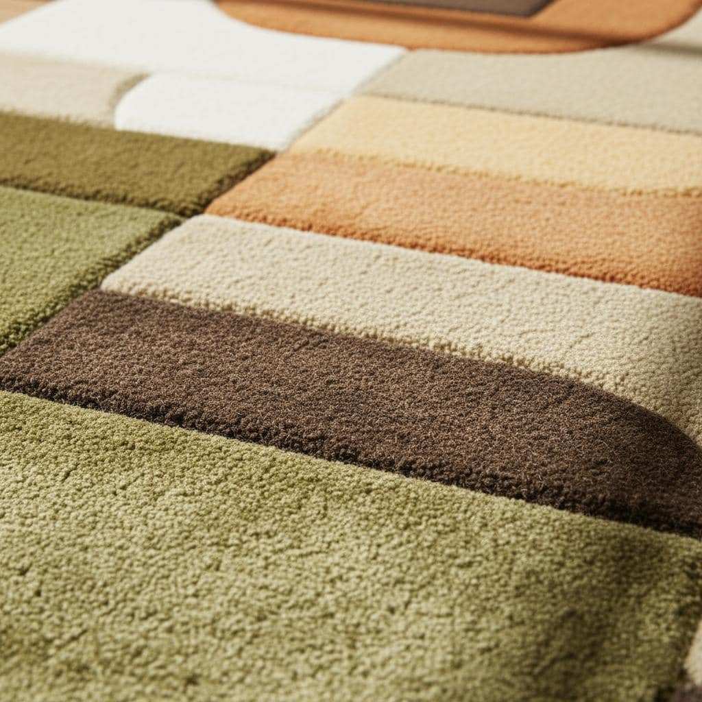 Mid century modern rug with olive green and rust orange geometric tufted design, plush high pile boho retro carpet