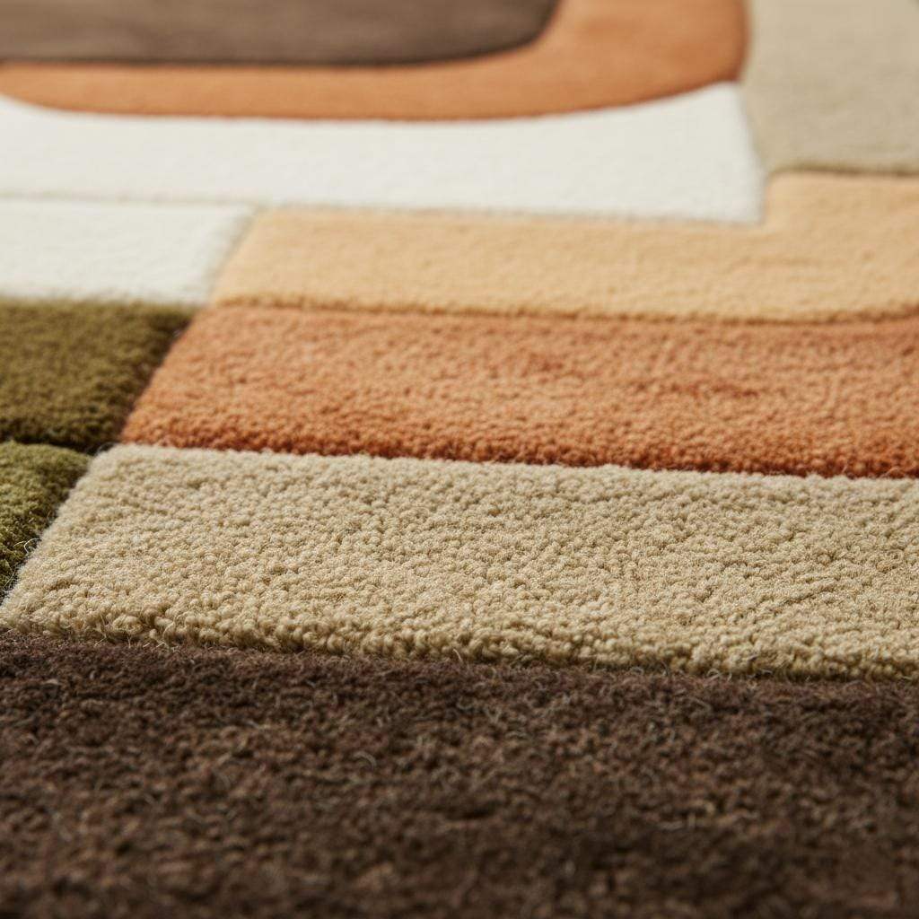 Mid century modern rug with olive green and rust orange geometric tufted design for boho retro decor