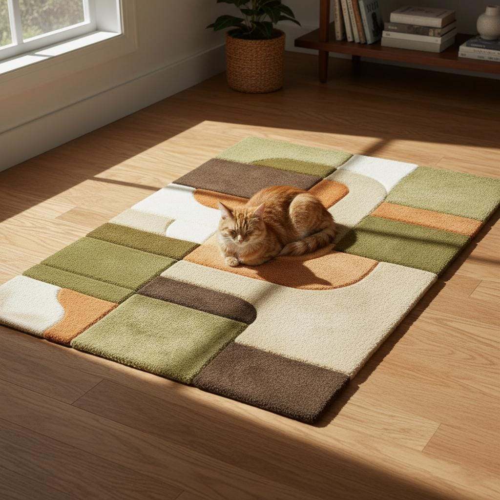 Mid century modern rug with olive green and rust orange geometric design, textured tufted plush floor covering for boho retro decor