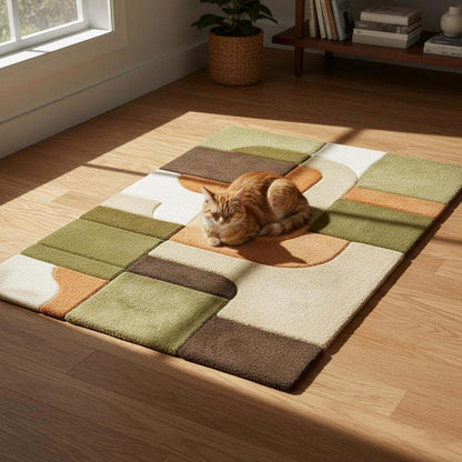 Mid century modern rug with olive green and rust orange geometric design, textured tufted plush floor covering for boho retro decor