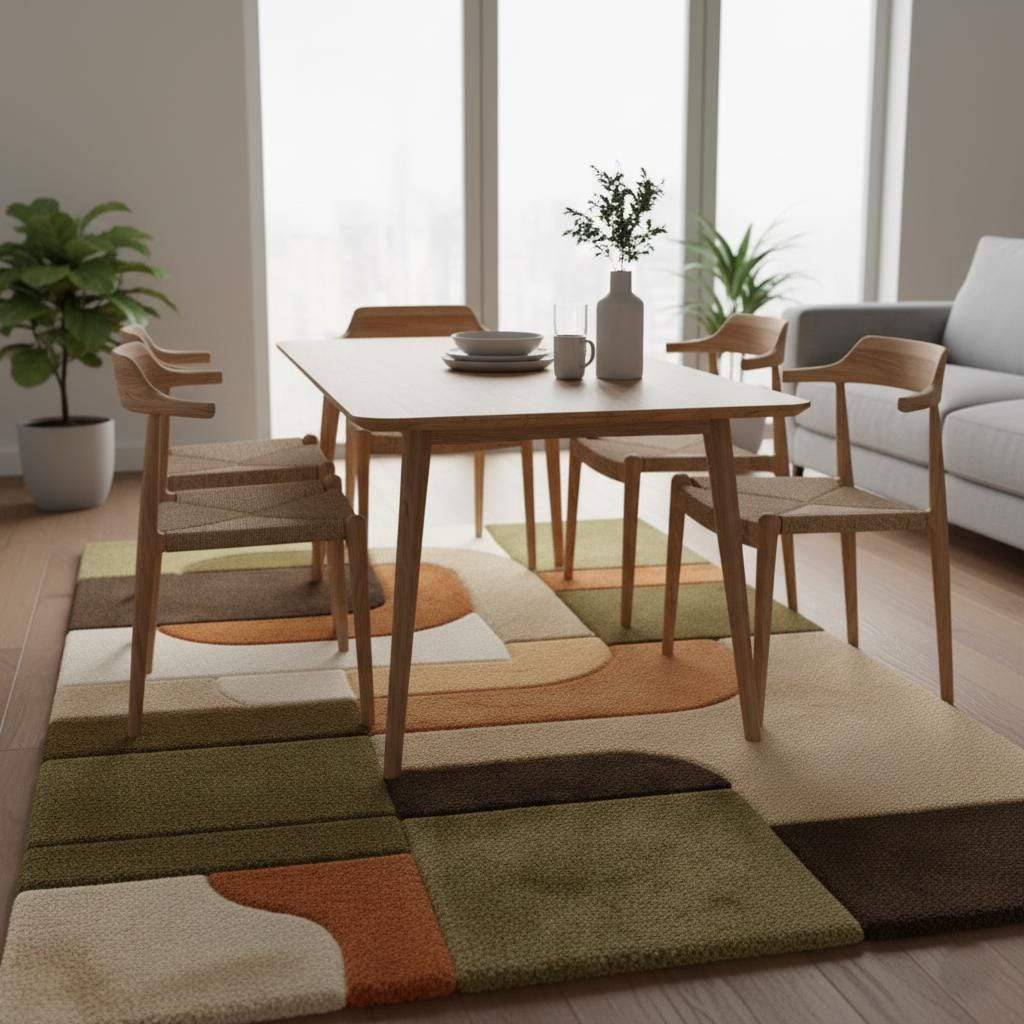 Mid century modern rug with geometric olive green and rust orange tufted texture for boho retro decor