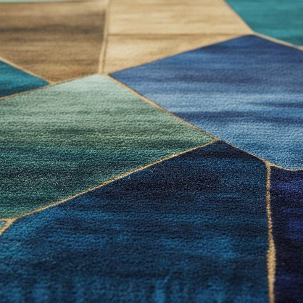 Modern geometric abstract rug with blue, teal, gold, and emerald stained glass design