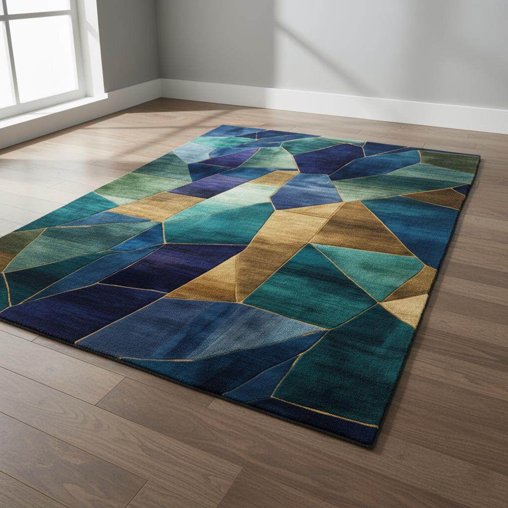 Geometric abstract rug with blue, teal, gold stained glass pattern for modern interiors