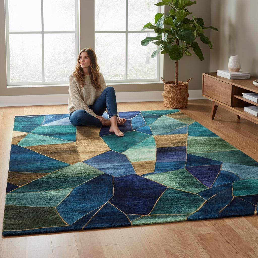 Geometric abstract rug with blue, teal, gold, and emerald stained glass design for modern home decor