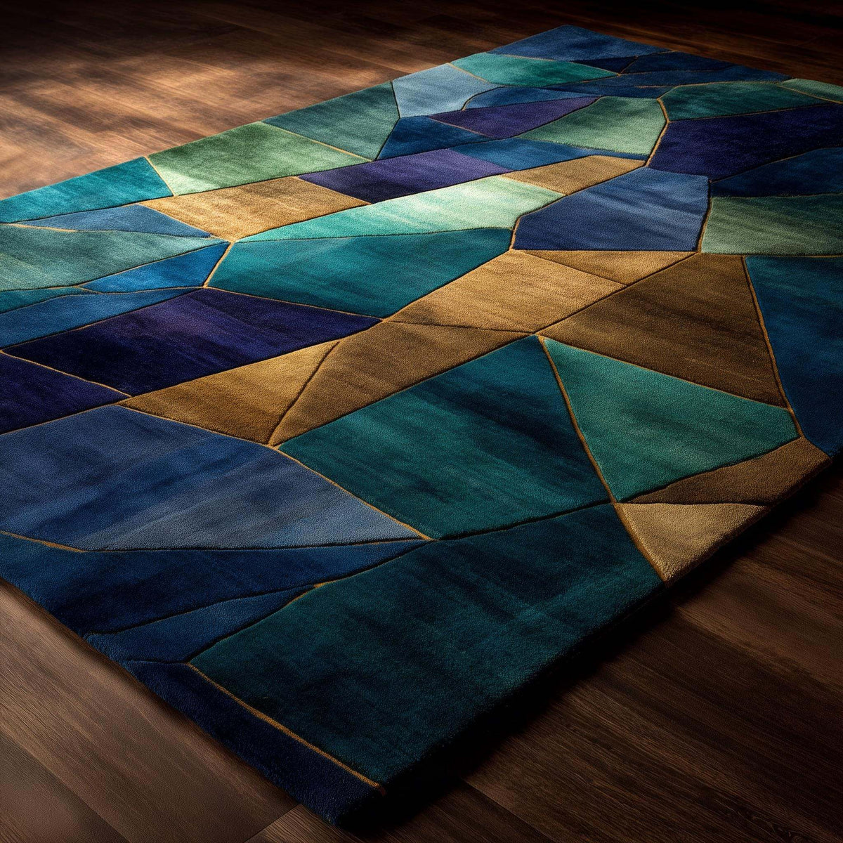 Geometric abstract rug with blue, teal, gold, and emerald stained glass design