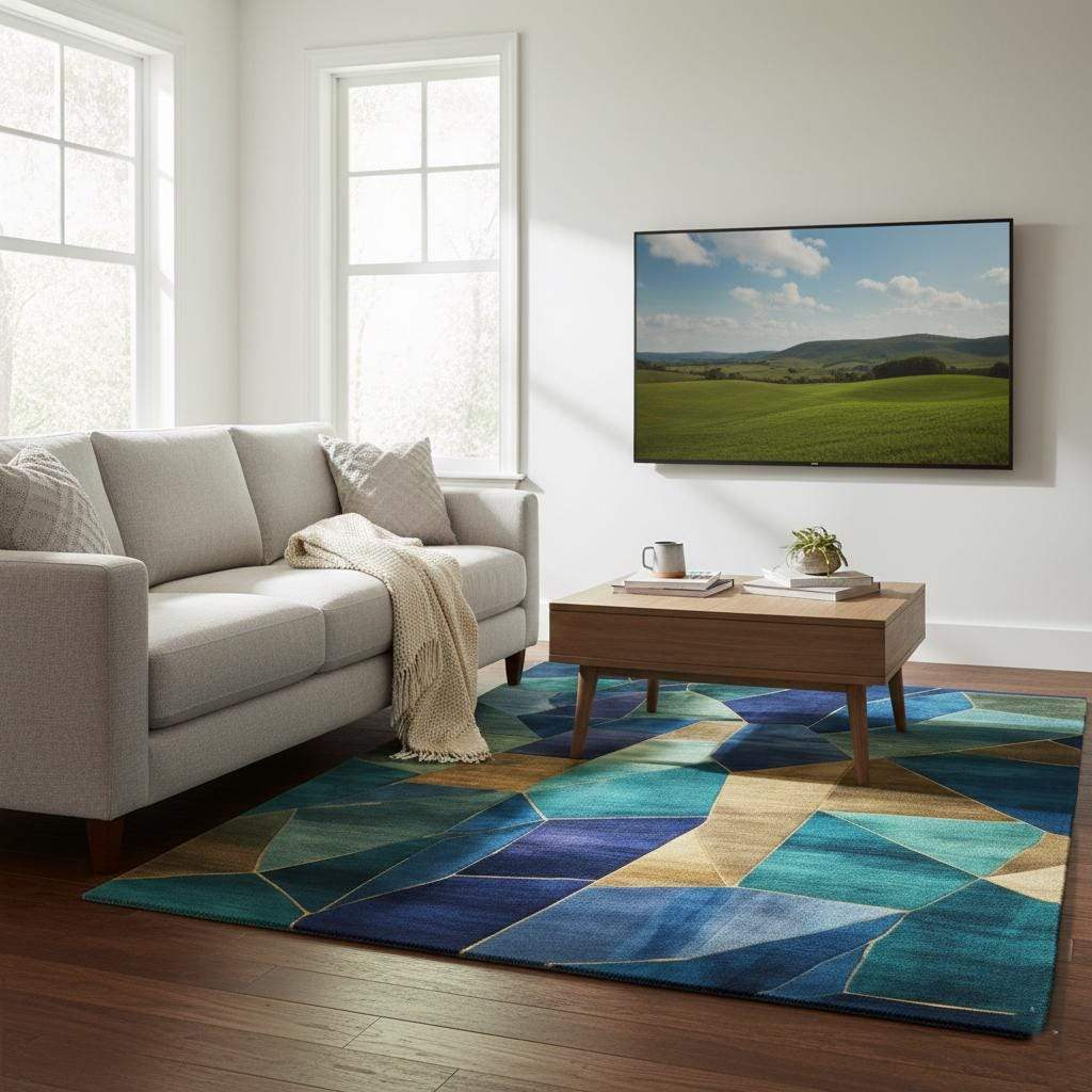 Geometric abstract rug with blue, teal, gold stained glass inspired design for modern interiors