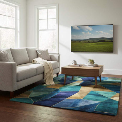 Geometric abstract rug with blue, teal, gold stained glass inspired design for modern interiors