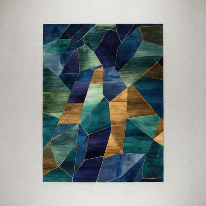 Geometric abstract rug with stained glass design in blue, teal, gold, and emerald tones for modern interiors