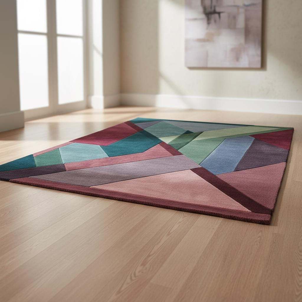 Geometric Art Deco Area Rug: Burgundy, Teal & Green Color Blocks