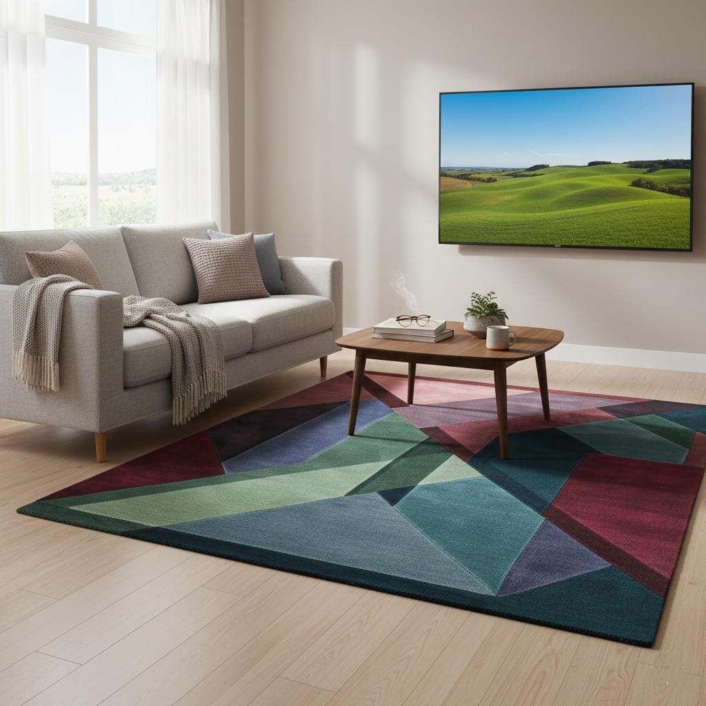 Geometric Art Deco Area Rug: Burgundy, Teal & Green Color Blocks