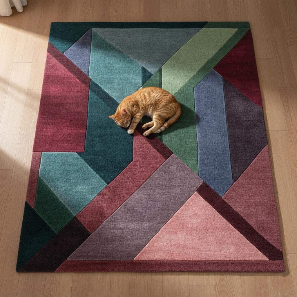 Geometric area rug with triangles in burgundy, green, teal, blush pink, and plum jewel tones.